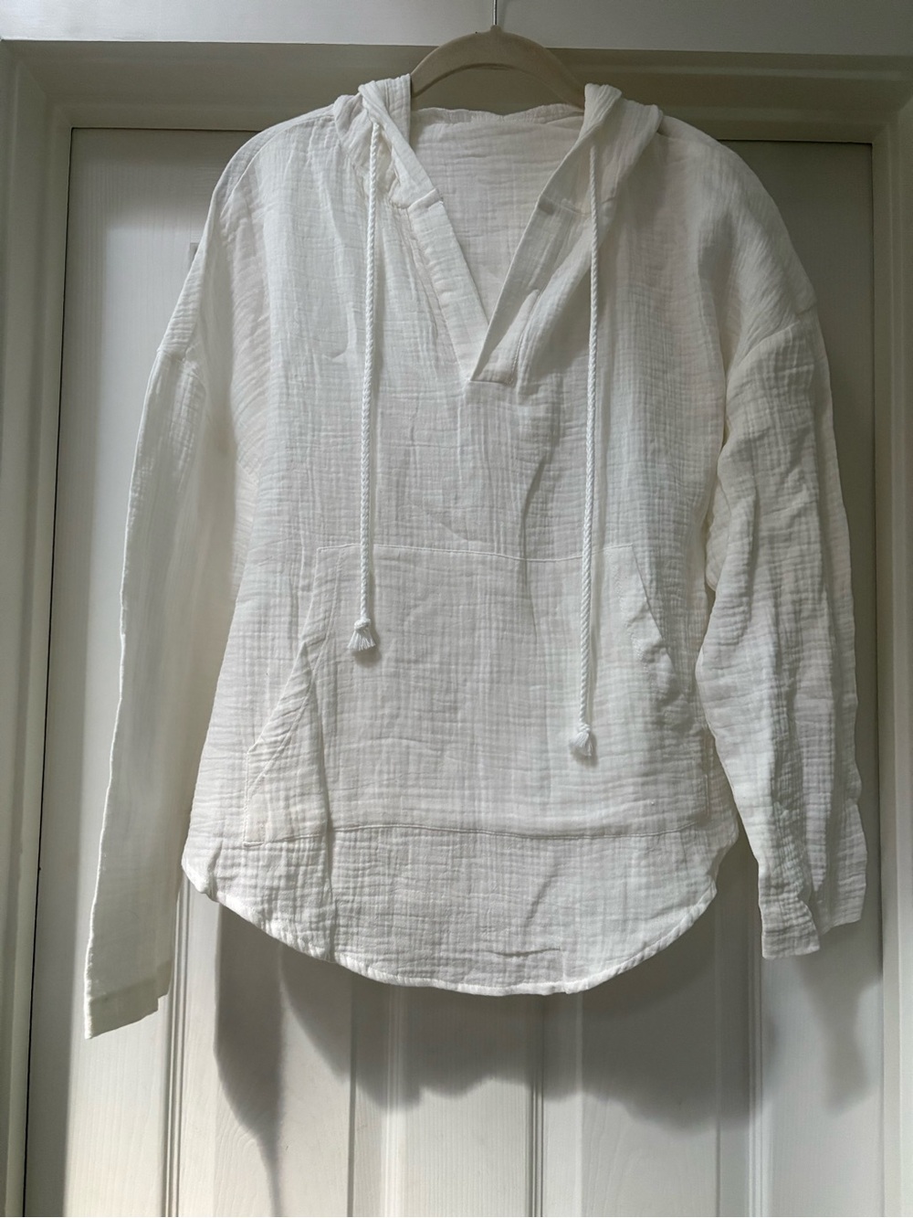 White Hooded Gauze Pullover with Drawstrings